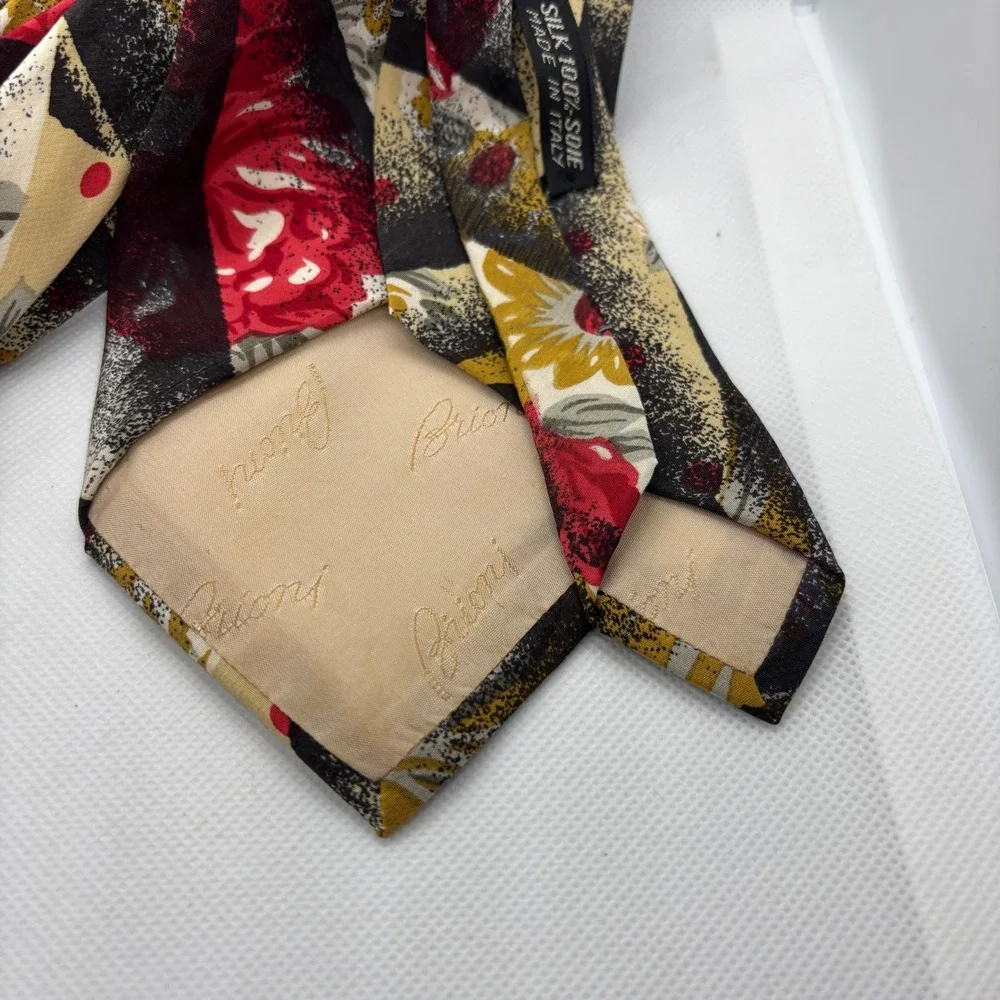 Brioni Silk Tie Mens Black Gold Red Abstract Floral Made Italy 80s Vintage
